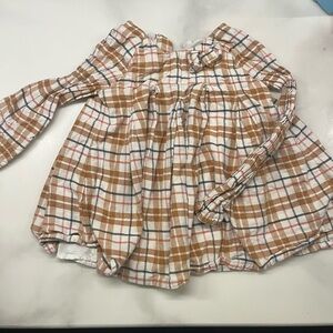 Tahari Brown and White Plaid Blouse with Voluminous Sleeves